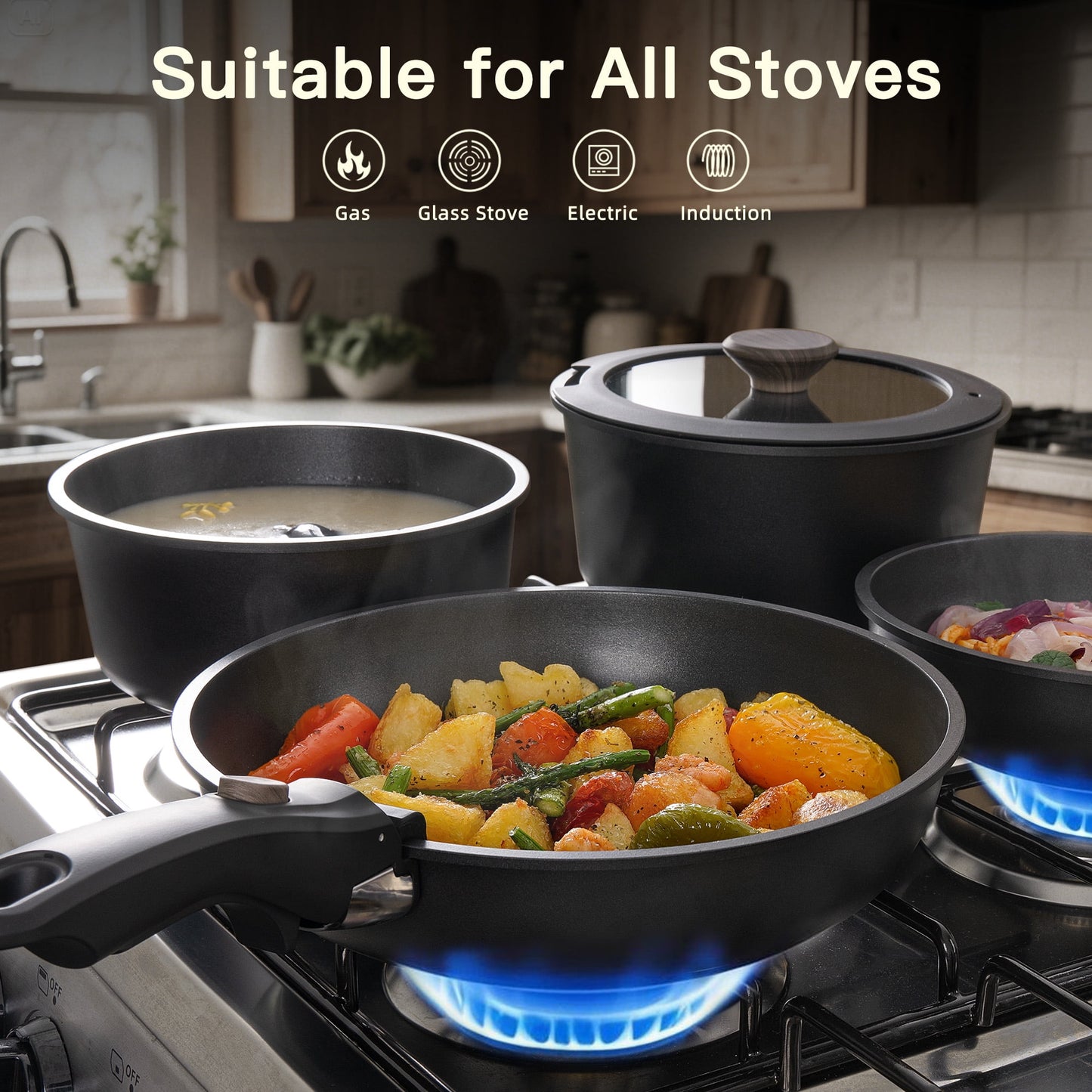 Astercook 20-Piece Ceramic Pots and Pans Set, Nonstick Cookware Set with Detachable Handles, Oven Safe to 480°F, Induction Compatible, Stackable RV Kitchen Cooking Set, Pink