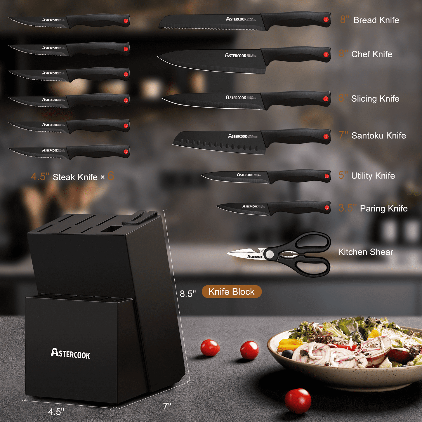 Astercook Knife set, 14-Piece Kitchen Knife Set with Built-in Sharpener, High Carbon German Stainless Steel Knives Block Sets, Ultra Sharp & Rust Resistant, Dishwasher Safe (Copy)