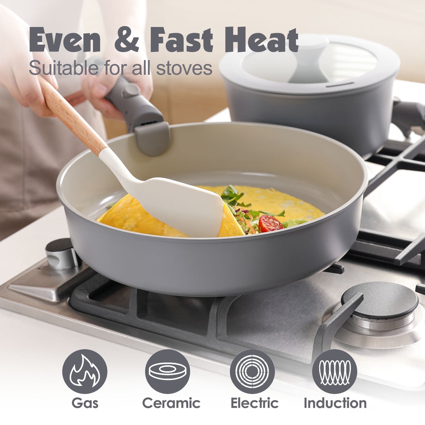 SENSARTE Nonstick Pots and Pans Set with Detachable Handle, 18Pcs Induction Kitchen Cookware Set Stackable, Dishwasher/Oven Safe(Black)