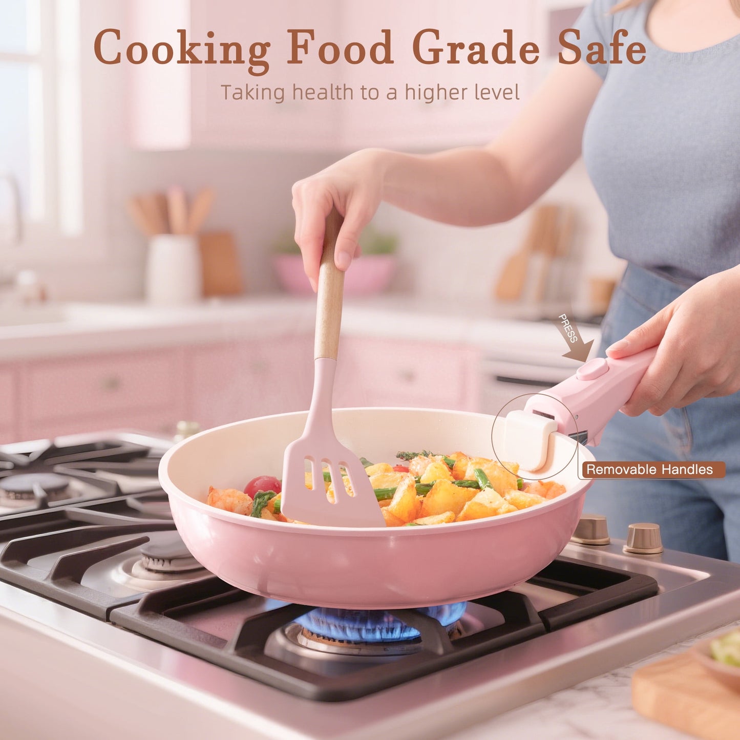 Astercook 20-Piece Ceramic Pots and Pans Set, Nonstick Cookware Set with Detachable Handles, Oven Safe to 480°F, Induction Compatible, Stackable RV Kitchen Cooking Set, Pink