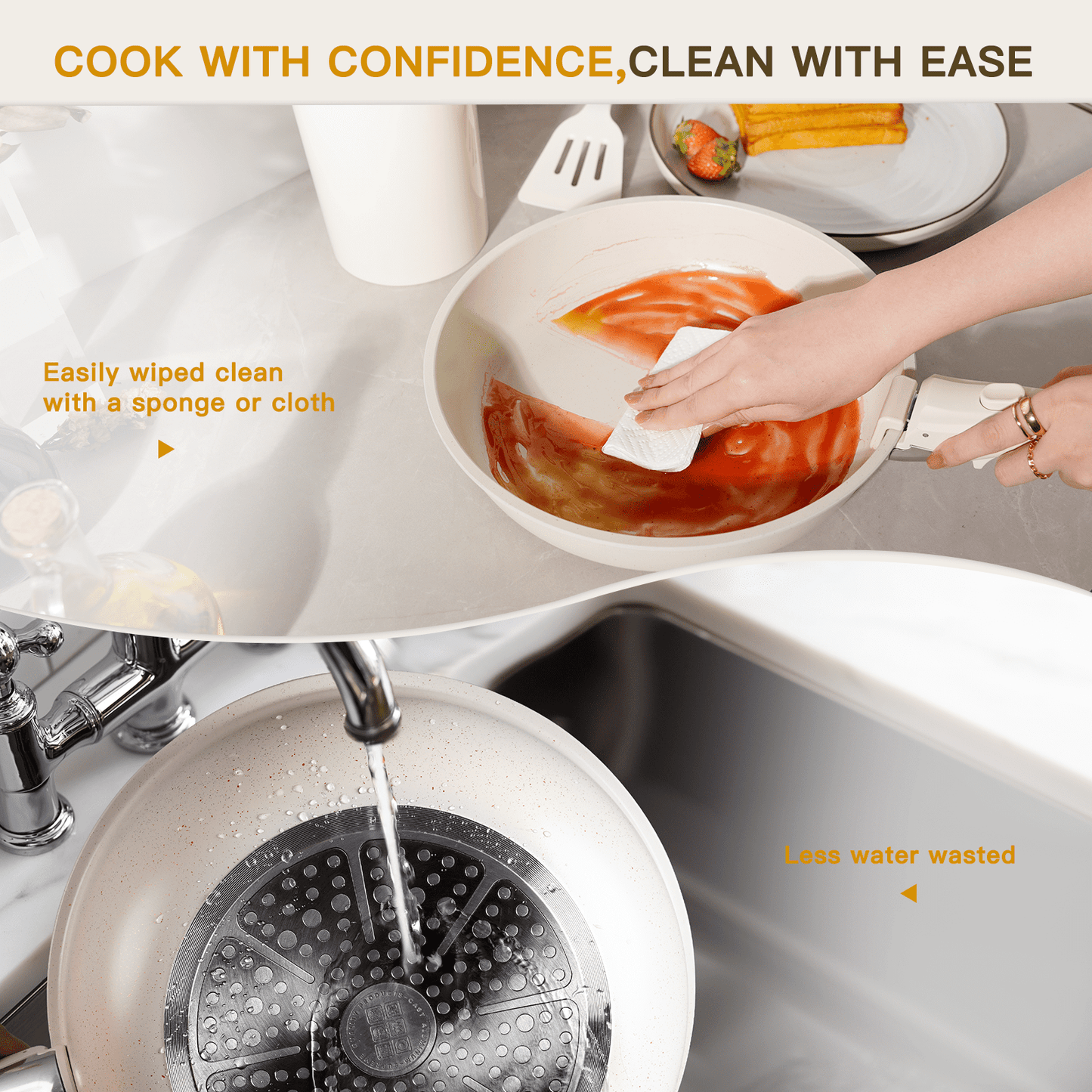 Astercook 20 Piece Ceramic Pots and Pans Set Non Stick, Cookware Set with Detachable Handle, Oven Safe, Induction Ready, Stackable RV Kitchen Cooking Set Removable Handles, Cream White