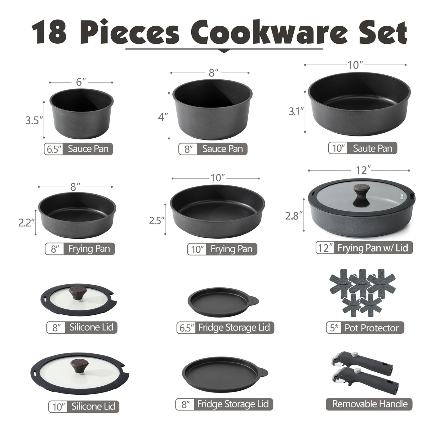 SENSARTE Nonstick Pots and Pans Set with Detachable Handle, 18Pcs Induction Kitchen Cookware Set Stackable, Dishwasher/Oven Safe(Black)