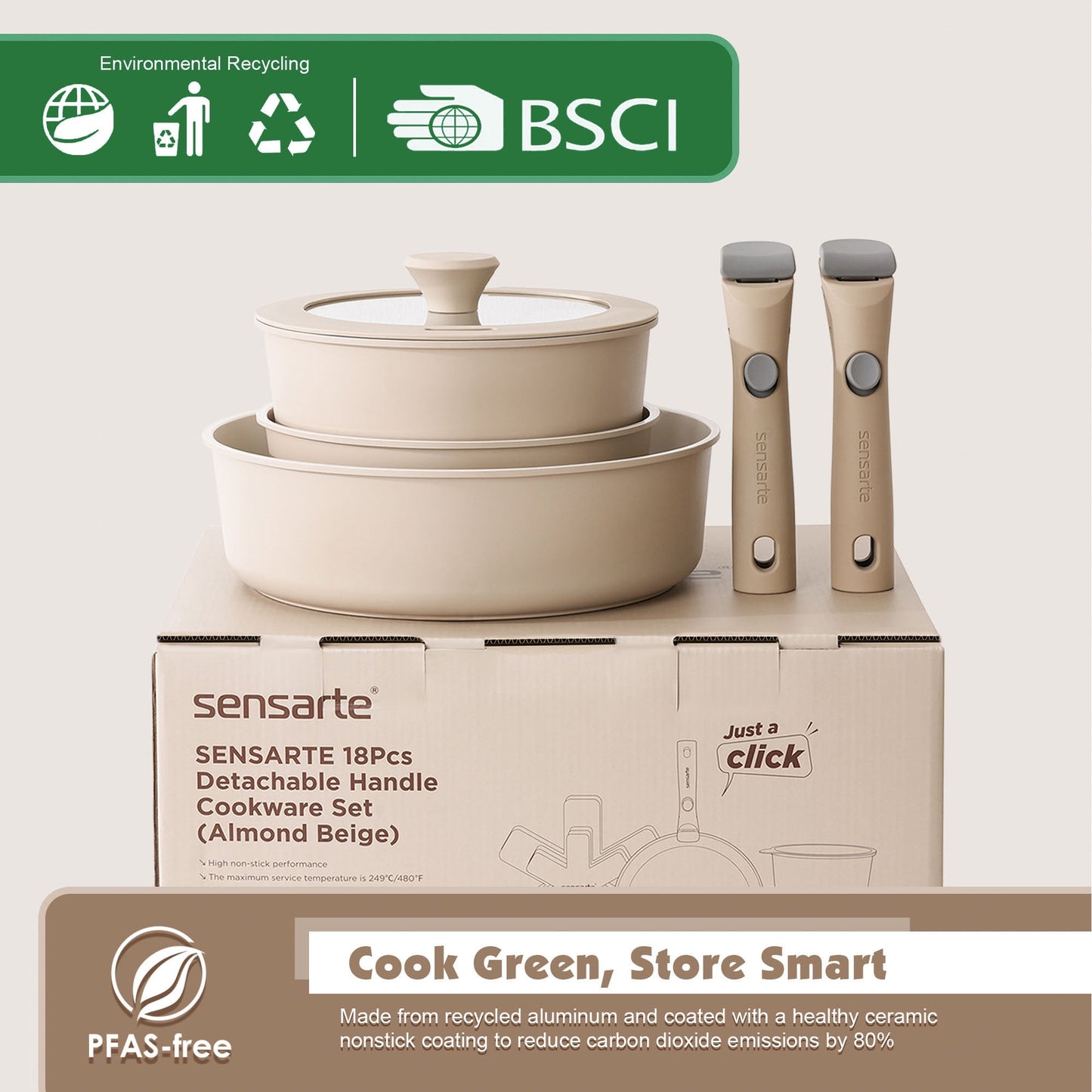 SENSARTE Nonstick Pots and Pans Set with Detachable Handle, 18Pcs Induction Kitchen Cookware Set Stackable, Dishwasher/Oven Safe(Black)