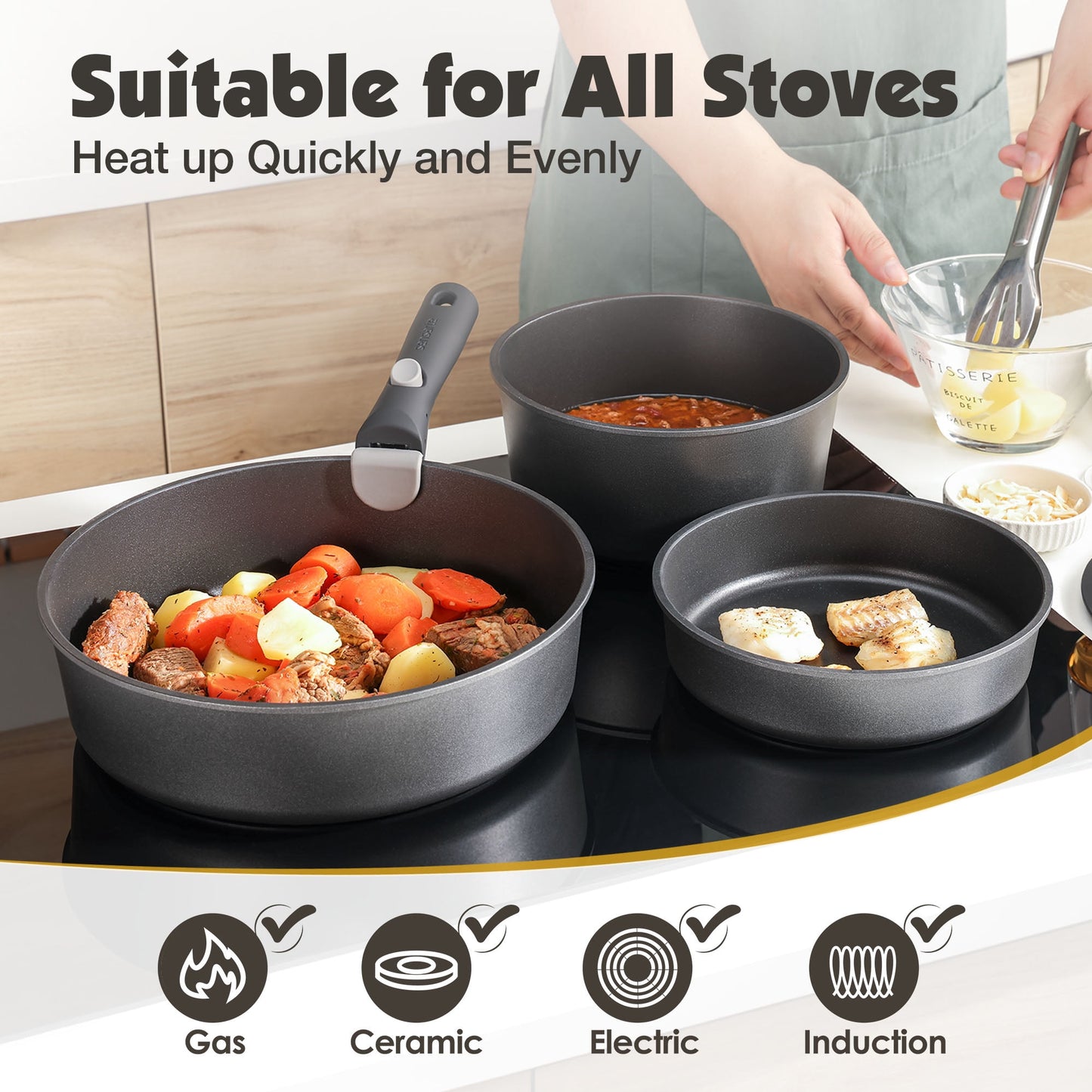 SENSARTE Nonstick Pots and Pans Set with Detachable Handle, 18Pcs Induction Kitchen Cookware Set Stackable, Dishwasher/Oven Safe(Black)