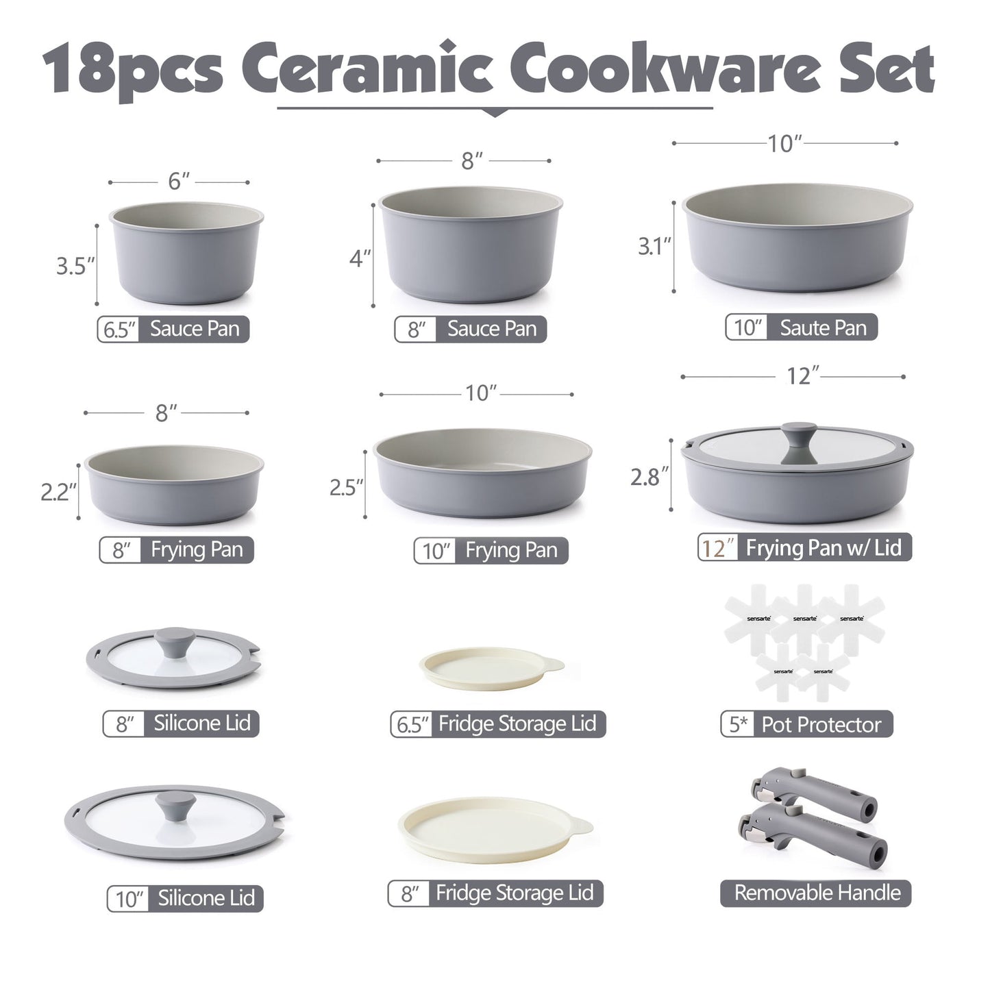 SENSARTE Nonstick Pots and Pans Set with Detachable Handle, 18Pcs Induction Kitchen Cookware Set Stackable, Dishwasher/Oven Safe(Black)
