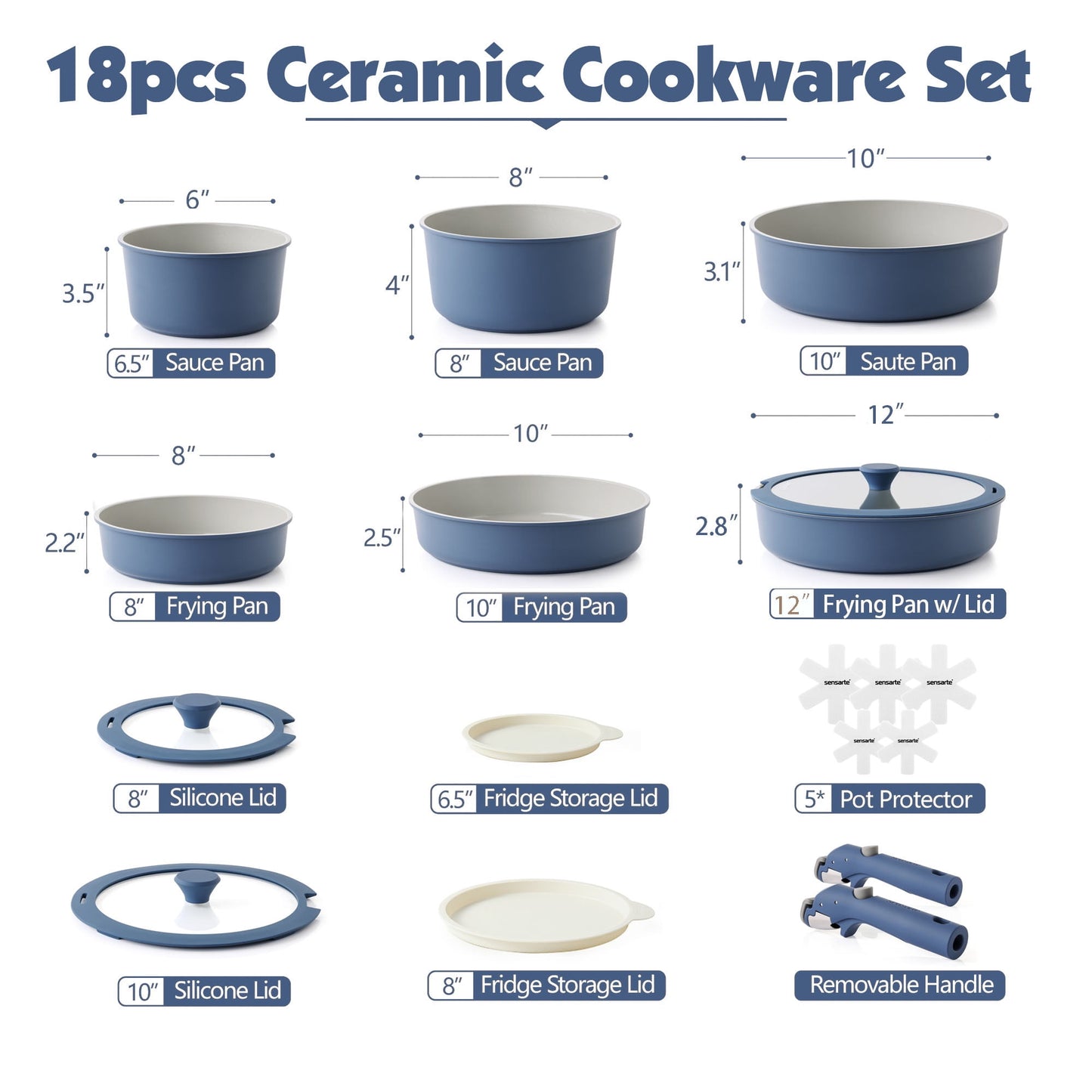 SENSARTE Nonstick Pots and Pans Set with Detachable Handle, 18Pcs Induction Kitchen Cookware Set Stackable, Dishwasher/Oven Safe(Black)