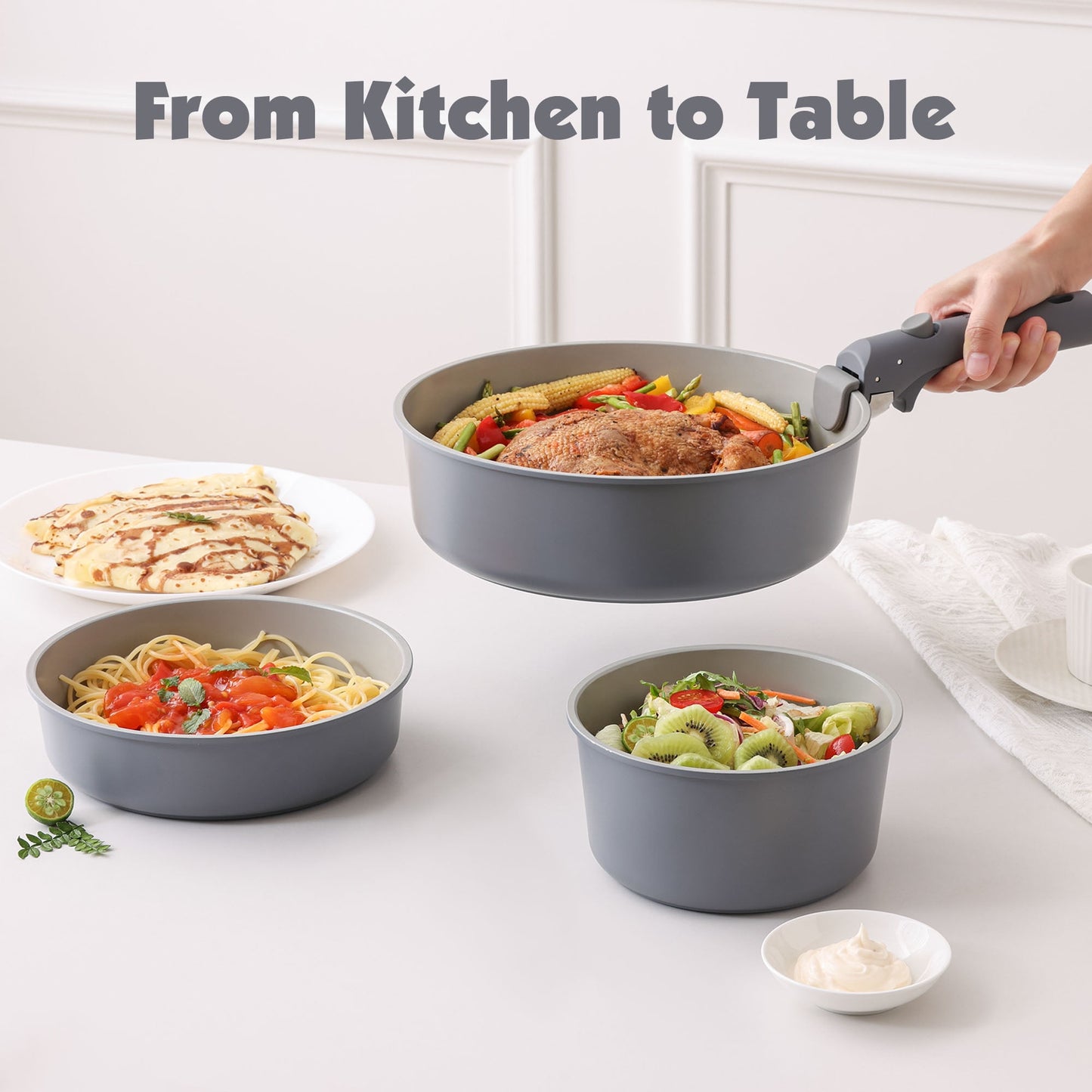 SENSARTE Nonstick Pots and Pans Set with Detachable Handle, 18Pcs Induction Kitchen Cookware Set Stackable, Dishwasher/Oven Safe(Black)