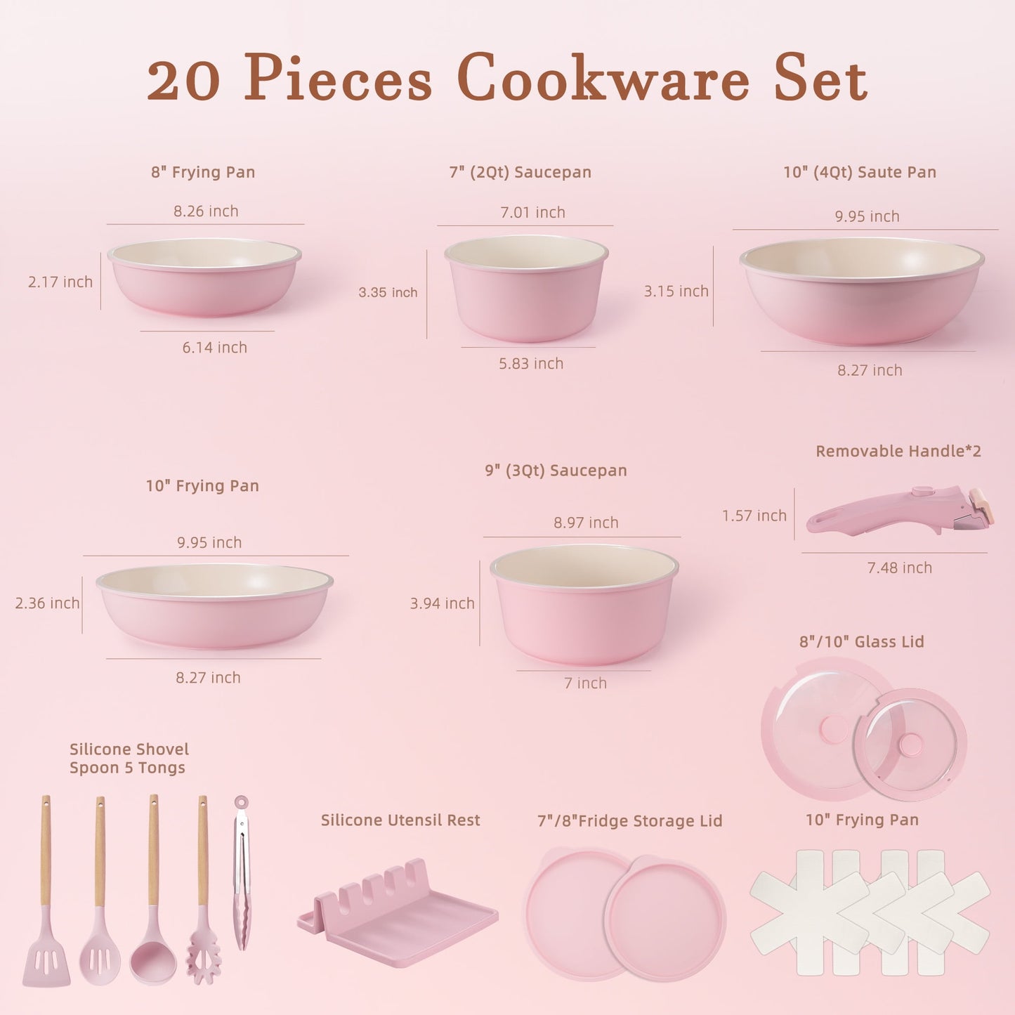 Astercook 20-Piece Ceramic Pots and Pans Set, Nonstick Cookware Set with Detachable Handles, Oven Safe to 480°F, Induction Compatible, Stackable RV Kitchen Cooking Set, Pink