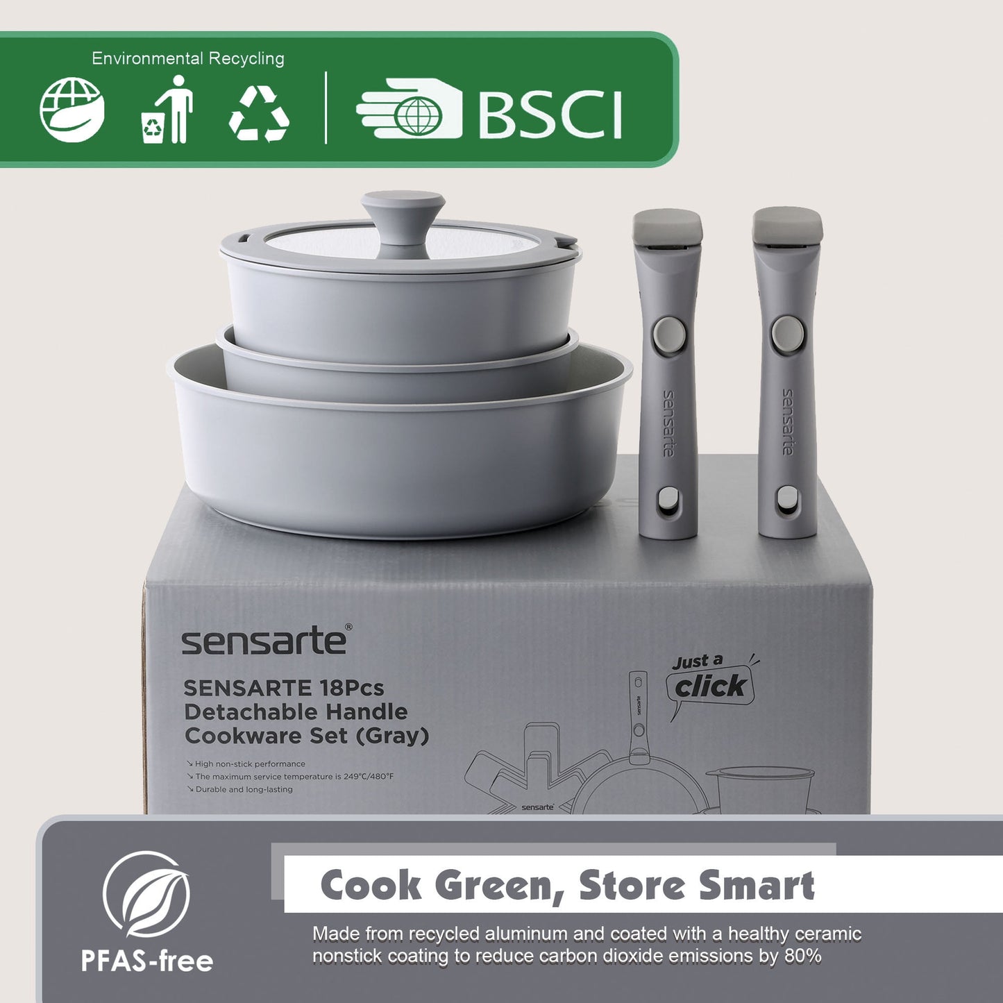 SENSARTE Nonstick Pots and Pans Set with Detachable Handle, 18Pcs Induction Kitchen Cookware Set Stackable, Dishwasher/Oven Safe(Black)