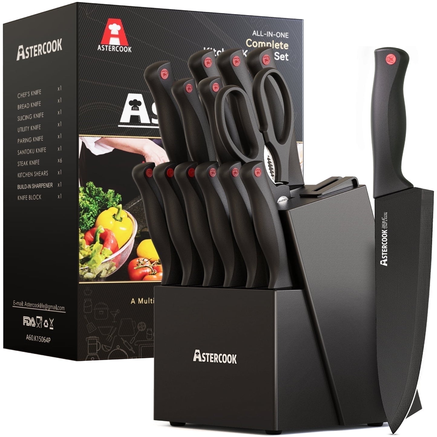 Astercook Knife set, 14-Piece Kitchen Knife Set with Built-in Sharpener, High Carbon German Stainless Steel Knives Block Sets, Ultra Sharp & Rust Resistant, Dishwasher Safe (Copy)