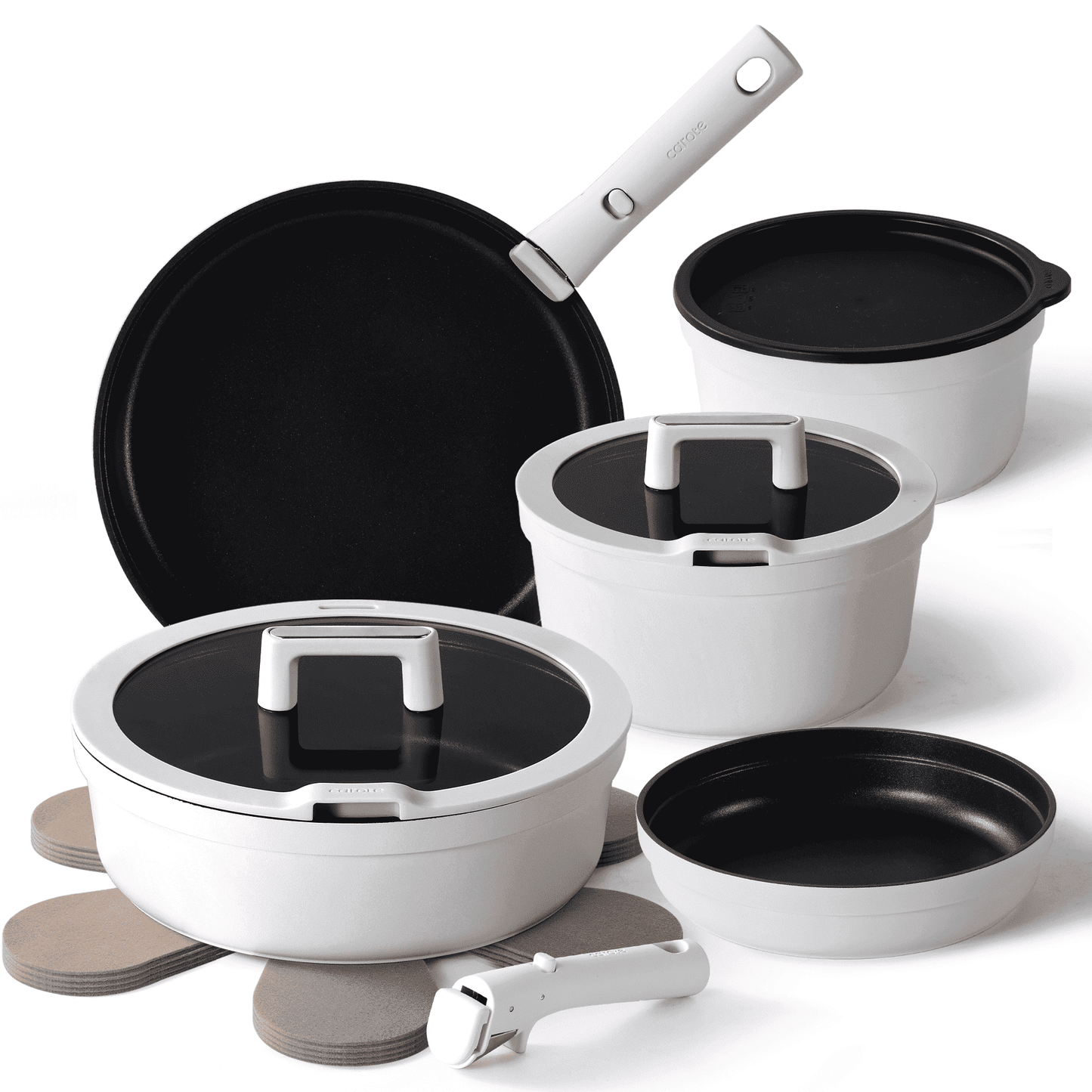 Carote 14 Pcs Pots and Pans Set Non Stick, Cookware Set with Detachable Handles, Dishwasher/Oven Safe, Stackable, Induction Cookware, White