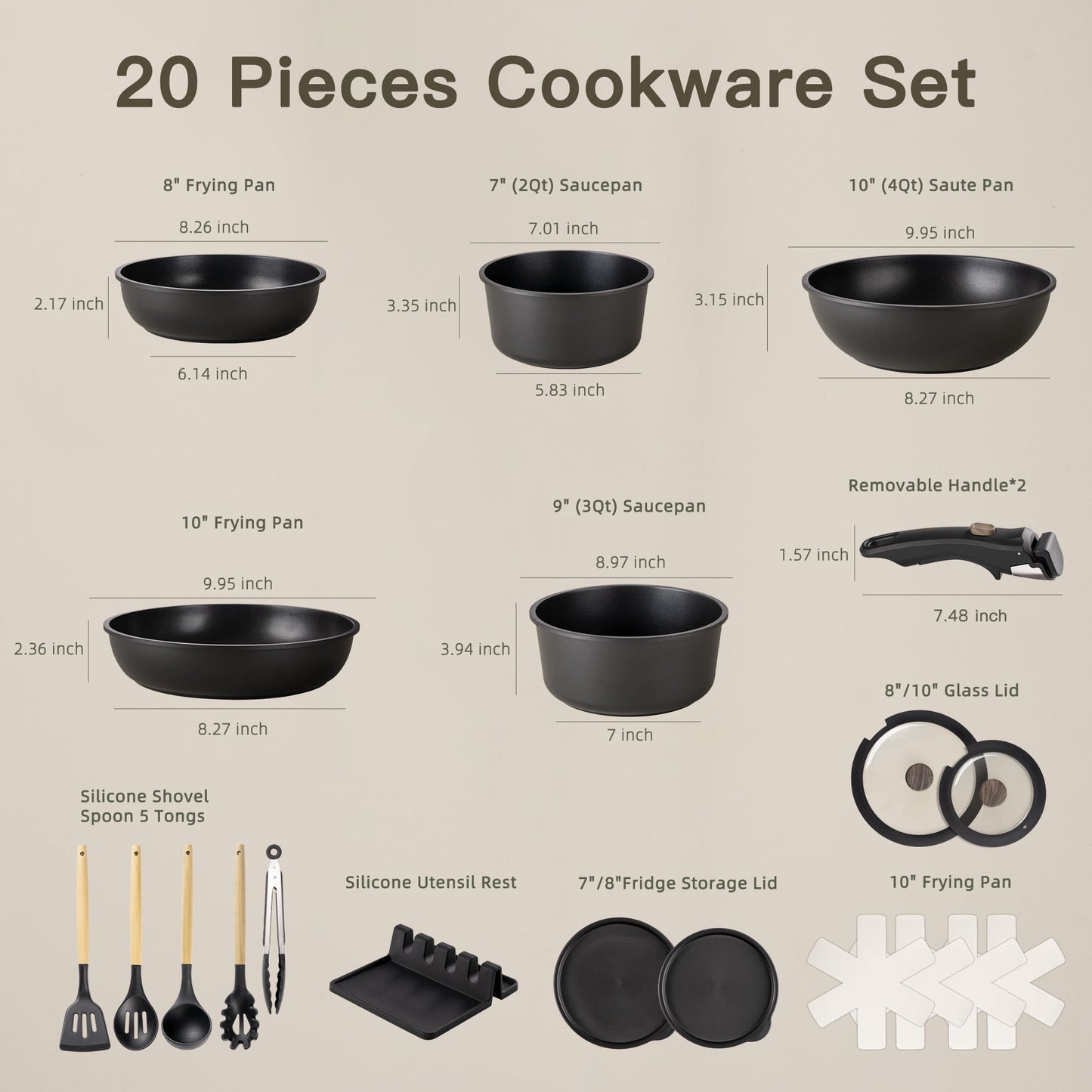Astercook 20-Piece Ceramic Pots and Pans Set, Nonstick Cookware Set with Detachable Handles, Oven Safe to 480°F, Induction Compatible, Stackable RV Kitchen Cooking Set, Pink