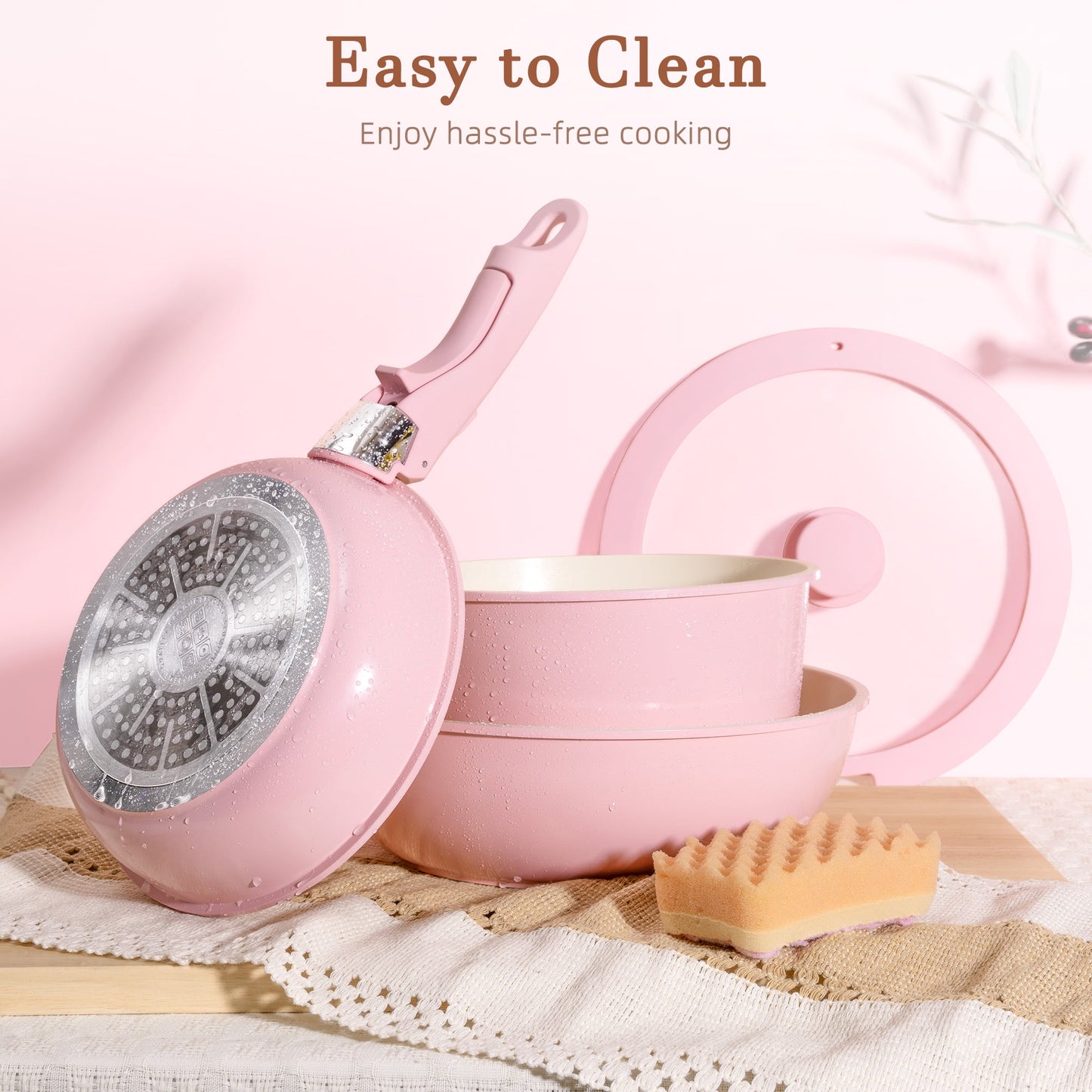 Astercook 20-Piece Ceramic Pots and Pans Set, Nonstick Cookware Set with Detachable Handles, Oven Safe to 480°F, Induction Compatible, Stackable RV Kitchen Cooking Set, Pink