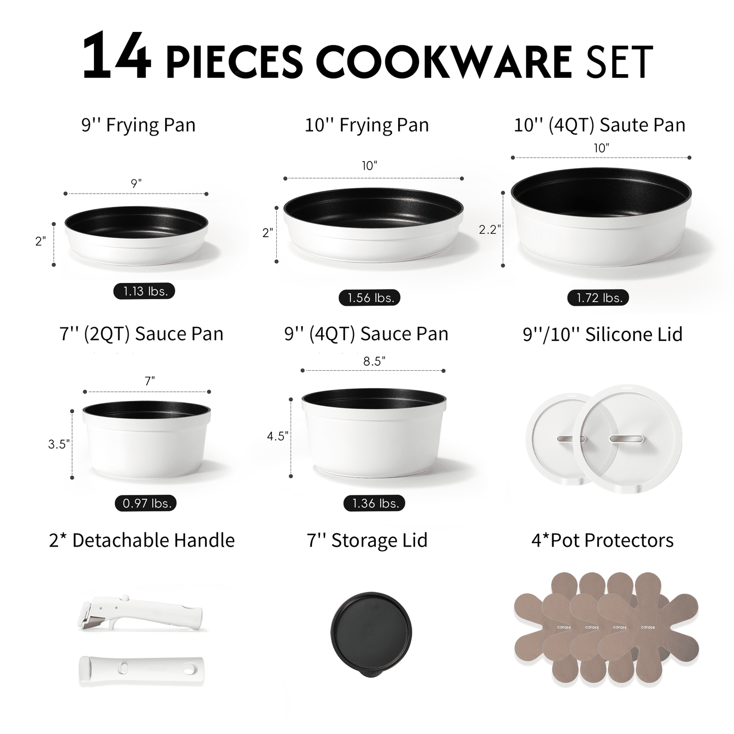 Carote 14 Pcs Pots and Pans Set Non Stick, Cookware Set with Detachable Handles, Dishwasher/Oven Safe, Stackable, Induction Cookware, White