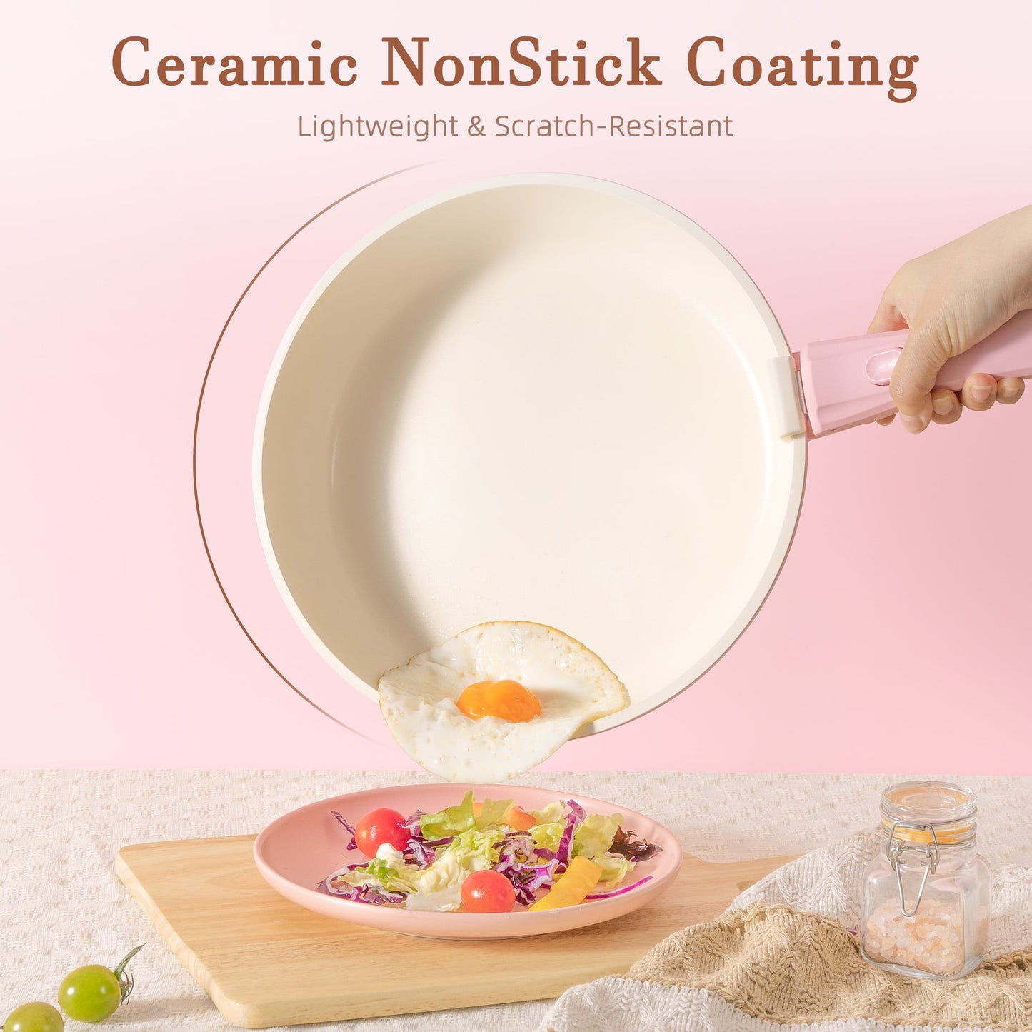 Astercook 20-Piece Ceramic Pots and Pans Set, Nonstick Cookware Set with Detachable Handles, Oven Safe to 480°F, Induction Compatible, Stackable RV Kitchen Cooking Set, Pink