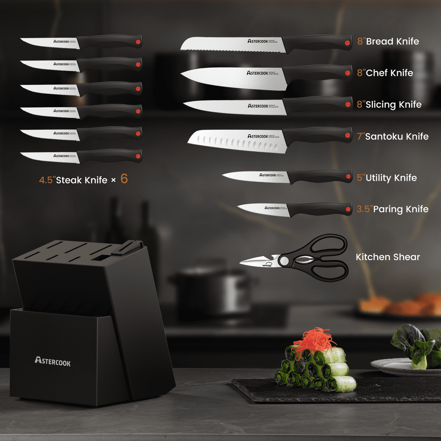 Astercook Knife set, 14-Piece Kitchen Knife Set with Built-in Sharpener, High Carbon German Stainless Steel Knives Block Sets, Ultra Sharp & Rust Resistant, Dishwasher Safe (Copy)