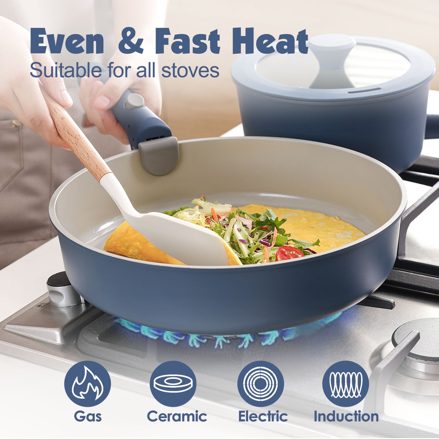 SENSARTE Nonstick Pots and Pans Set with Detachable Handle, 18Pcs Induction Kitchen Cookware Set Stackable, Dishwasher/Oven Safe(Black)