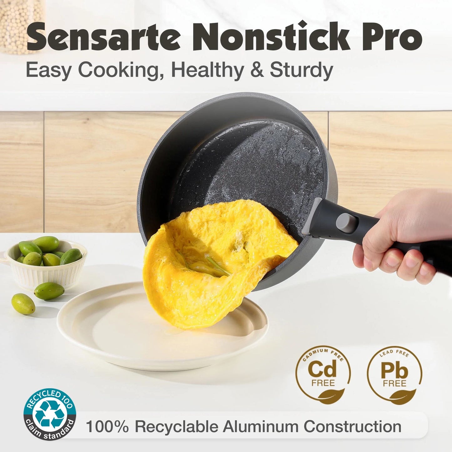 SENSARTE Nonstick Pots and Pans Set with Detachable Handle, 18Pcs Induction Kitchen Cookware Set Stackable, Dishwasher/Oven Safe(Black)