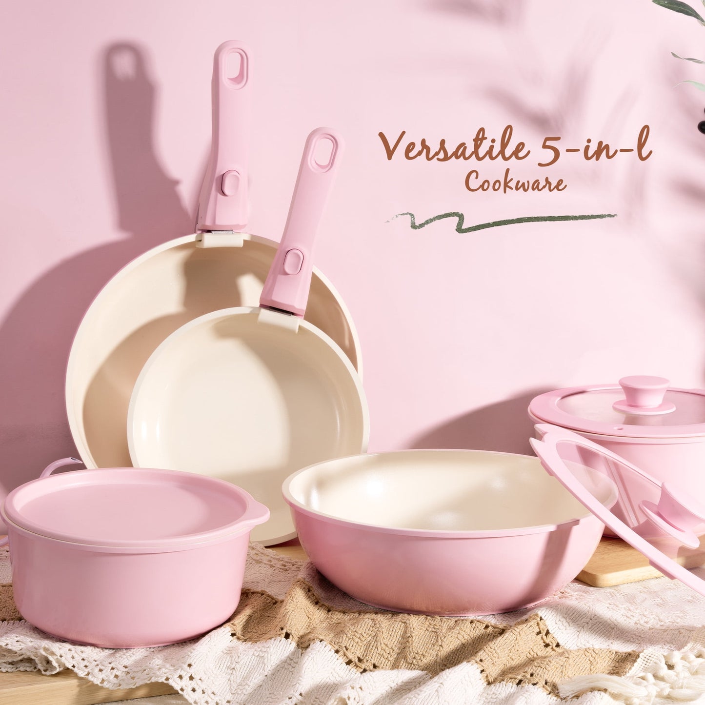Astercook 20-Piece Ceramic Pots and Pans Set, Nonstick Cookware Set with Detachable Handles, Oven Safe to 480°F, Induction Compatible, Stackable RV Kitchen Cooking Set, Pink