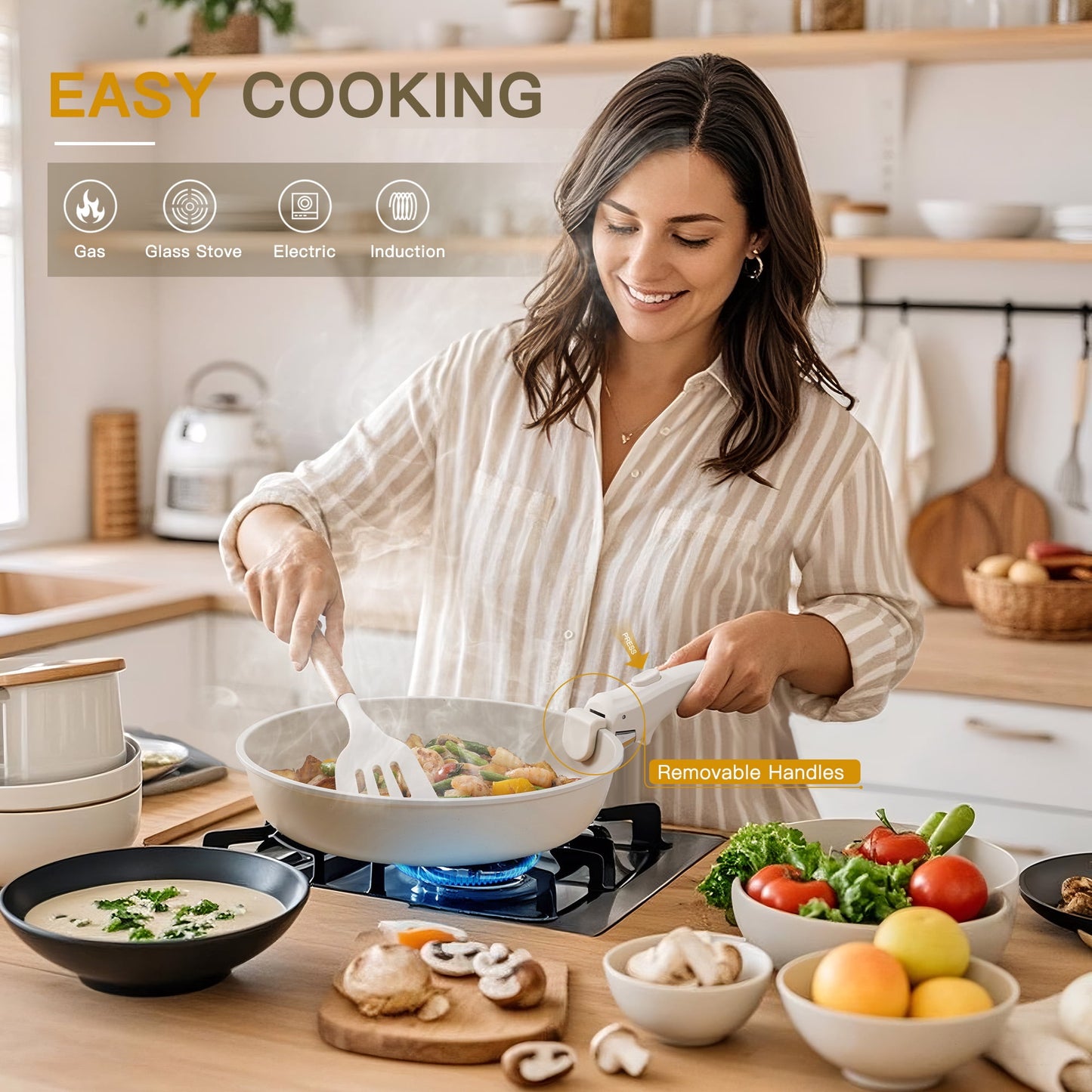 Astercook 20 Piece Ceramic Pots and Pans Set Non Stick, Cookware Set with Detachable Handle, Oven Safe, Induction Ready, Stackable RV Kitchen Cooking Set Removable Handles, Cream White