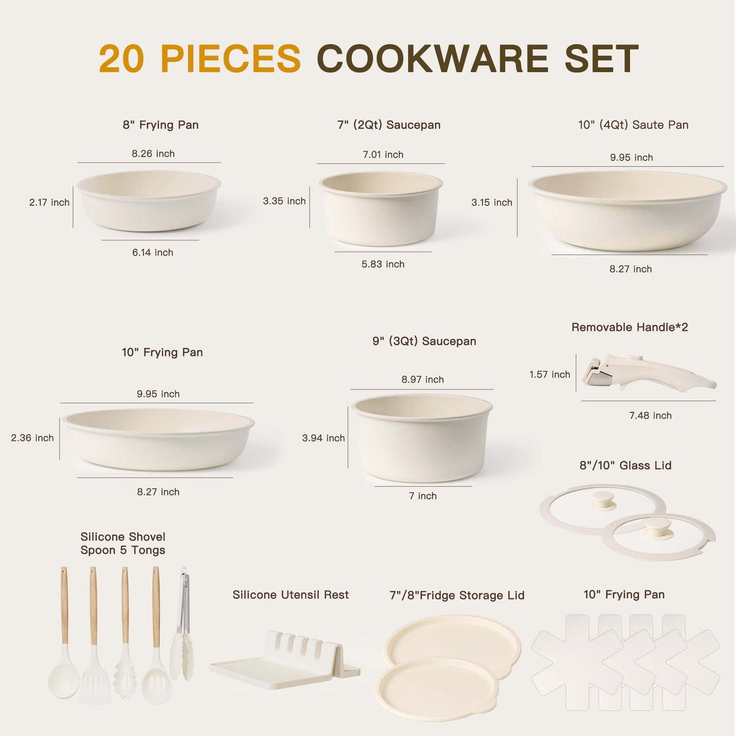 Astercook 20 Piece Ceramic Pots and Pans Set Non Stick, Cookware Set with Detachable Handle, Oven Safe, Induction Ready, Stackable RV Kitchen Cooking Set Removable Handles, Cream White