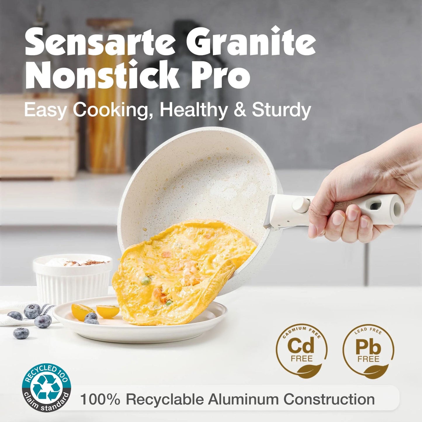 SENSARTE Nonstick Pots and Pans Set with Detachable Handle, 18Pcs Induction Kitchen Cookware Set Stackable, Dishwasher/Oven Safe(Black)
