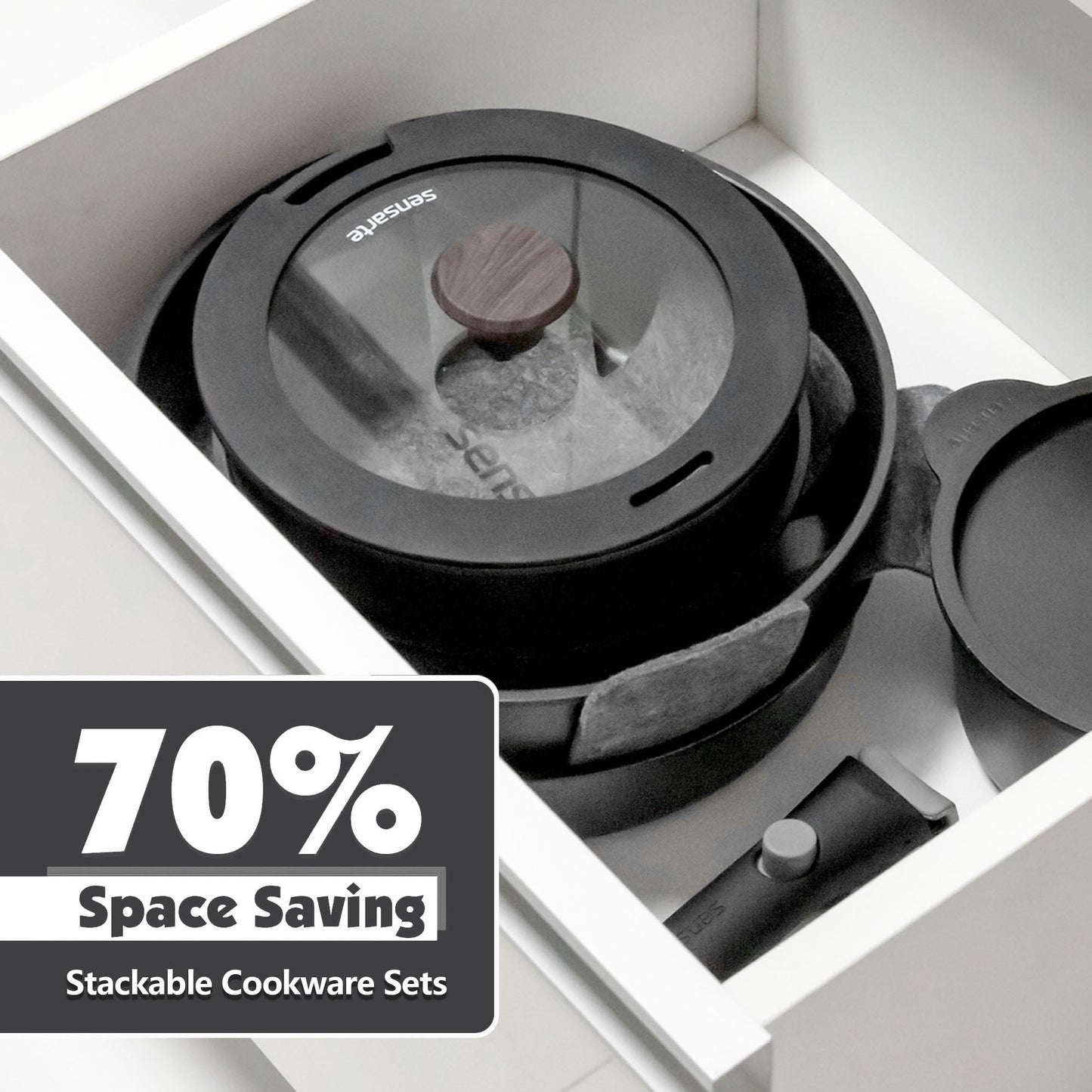 SENSARTE Nonstick Pots and Pans Set with Detachable Handle, 18Pcs Induction Kitchen Cookware Set Stackable, Dishwasher/Oven Safe(Black)