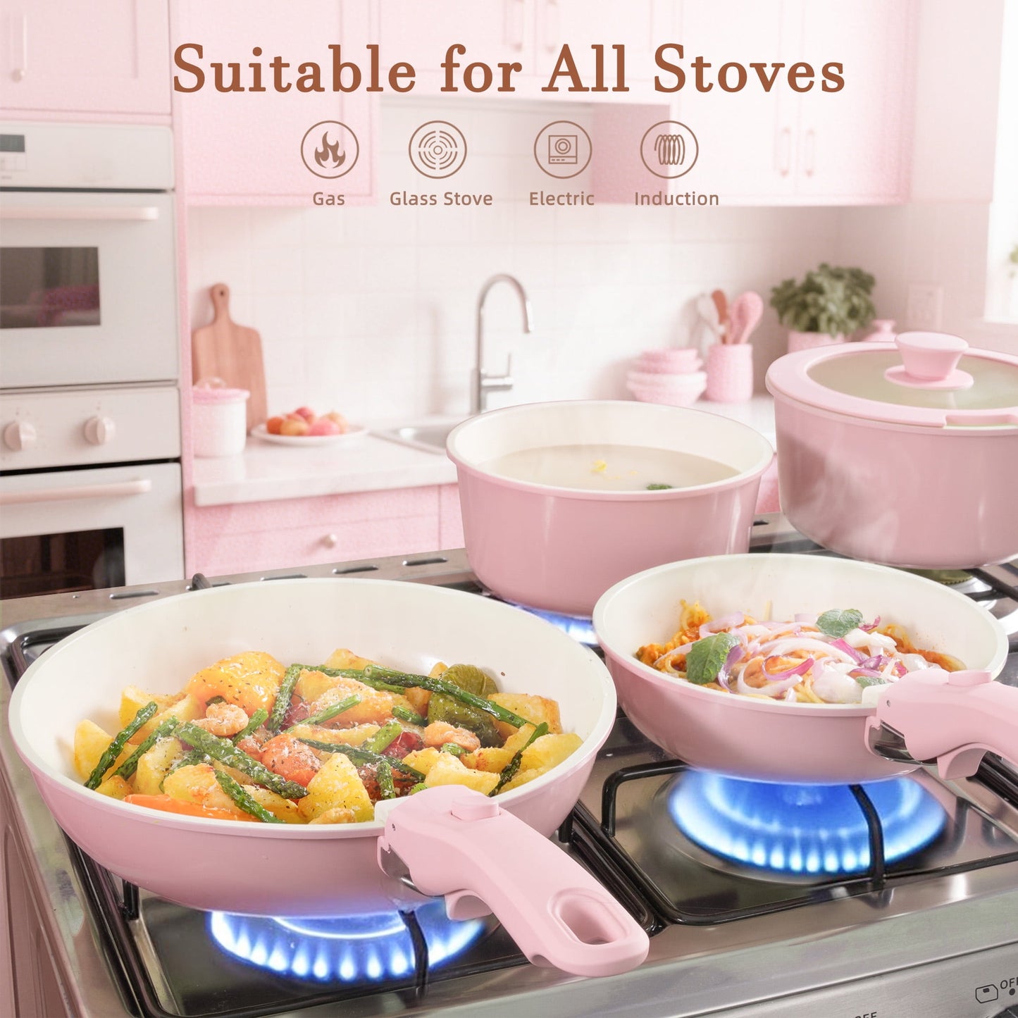 Astercook 20-Piece Ceramic Pots and Pans Set, Nonstick Cookware Set with Detachable Handles, Oven Safe to 480°F, Induction Compatible, Stackable RV Kitchen Cooking Set, Pink